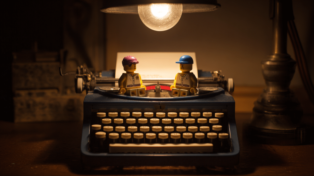 Vintage typewriter under a tungsten desk lam with two LEGO-style movie minifigs sitting atop the keys