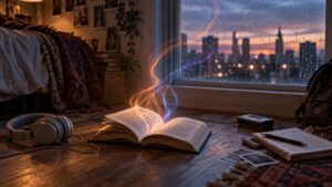 An open book on a bedroom floor beside headphones, a cassette player, handwritten notebooks and scattered photographs, with glowing ribbon-like light rising from the pages against a rain-speckled city sunset window.