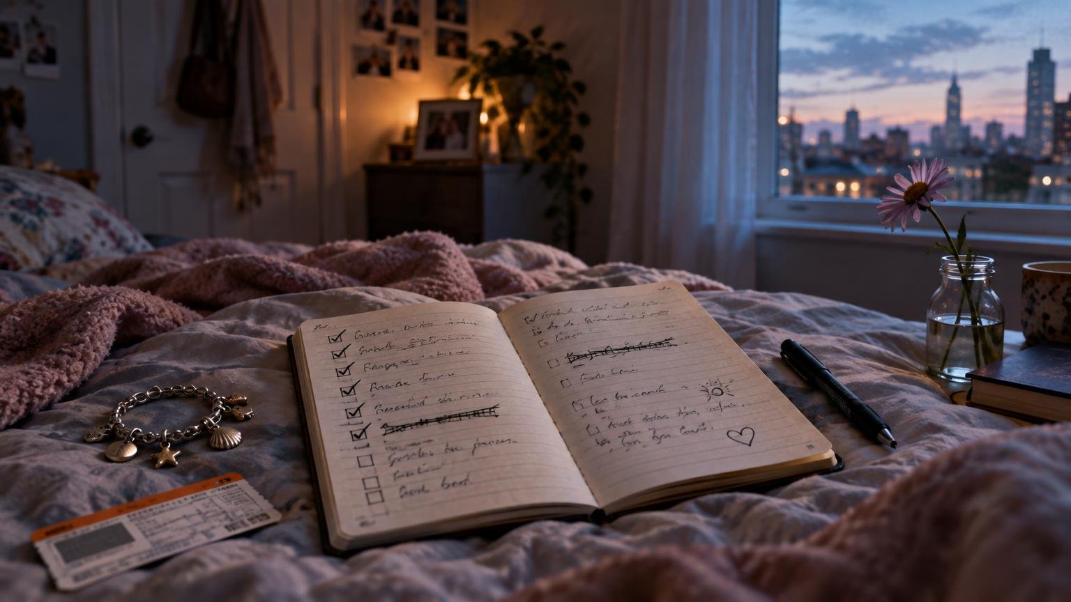 Open handwritten checklist on a rumpled bed beside a charm bracelet, pen, flower in a glass jar, and a ticket, with a city skyline at dusk beyond the bedroom window.
