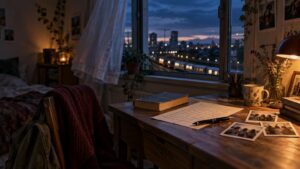 Warmly lit bedroom study at dusk, with a handwritten letter, old book, pen, small photographs, mug, and flowers on a wooden desk beside a window overlooking a passing train and city lights.