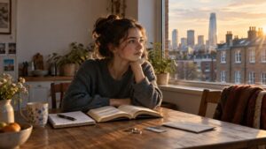 Young woman in a gray sweater sits at a wooden kitchen table with an open book, notebook, coins, a blue bank card, and envelopes, gazing out at a city skyline in warm sunset light.