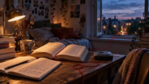 Warmly lit bedroom study at dusk with open books and a handwritten notebook on a wooden desk, a floral mug, pencils, dried flowers, a cassette player with a red cord, and city rooftops visible through an open window.