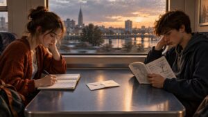 Two young people sit across from each other on a train at sunset, each writing or reading a handwritten notebook, with a sealed envelope between them on the table and a city skyline beyond the rain-speckled window.