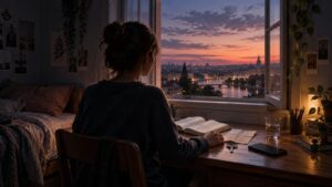 A young person sits at a desk in a softly lit bedroom, looking out an open window over a river city at sunset; an open book, handwritten notes, keys and a phone rest on the desk.