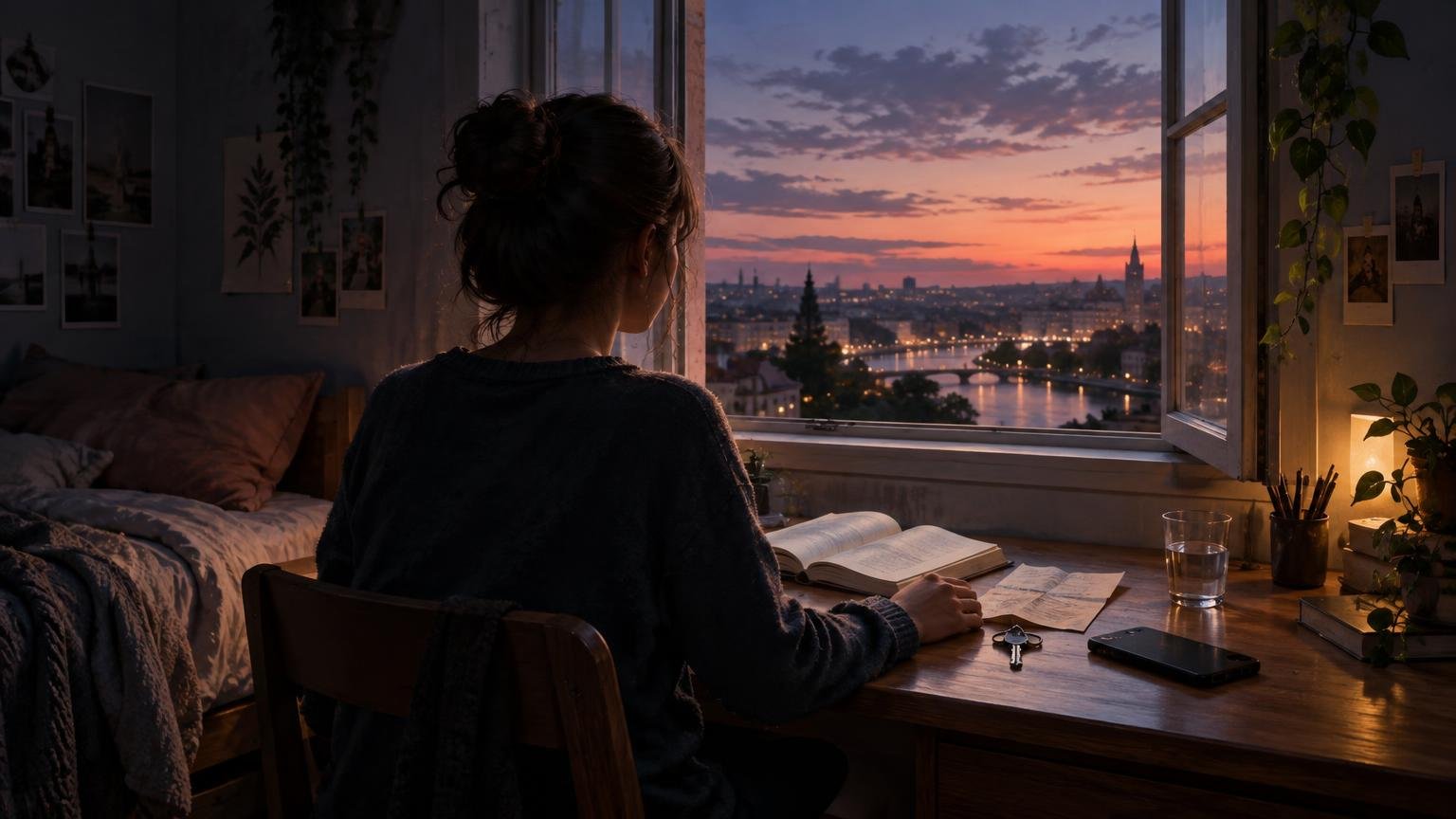 A young person sits at a desk in a softly lit bedroom, looking out an open window over a river city at sunset; an open book, handwritten notes, keys and a phone rest on the desk.
