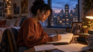 A young woman writes in an open notebook at a desk in a warmly lit bedroom, with books, loose handwritten pages, a family photograph, and a small cross beside her; a city skyline glows through the window at dusk.