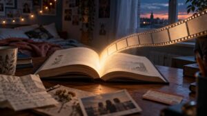 An open illustrated book on a wooden desk in a softly lit bedroom at dusk, with a glowing strip of blank film curling out from its pages; handwritten papers, a small photograph, books and a floral mug surround it, while a city skyline shows through the window.