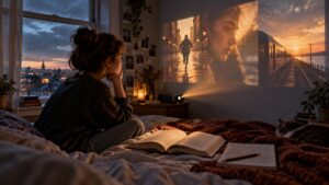 A young person sits on a bed beside an open book and handwritten notebook, watching a projector cast scenes of a runner, a woman’s face, and a train at sunset onto the bedroom wall.